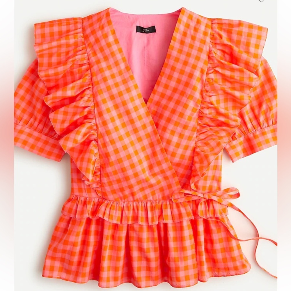 J.Crew Ruffle wrap top in vibrant pink and orange gingham